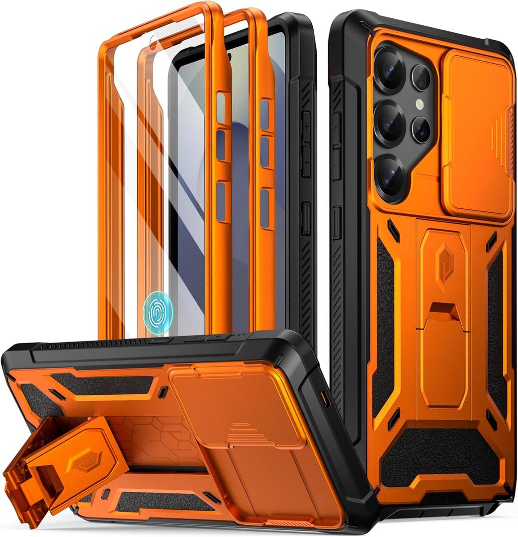 Poetic Spartan Case for Galaxy S25 Ultra 6.9", [Slide Camera Cover] [Screen Protector Works with Fingerprint ID] Military Grade Rugged Shockproof S25 Ultra Phone Case with Kickstand, Metallic Orange