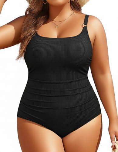 Women's Plus Size One Piece Swimsuit- Tummy Control Bathing Suit Ribbed Square Neck Swimwear 2025 14W