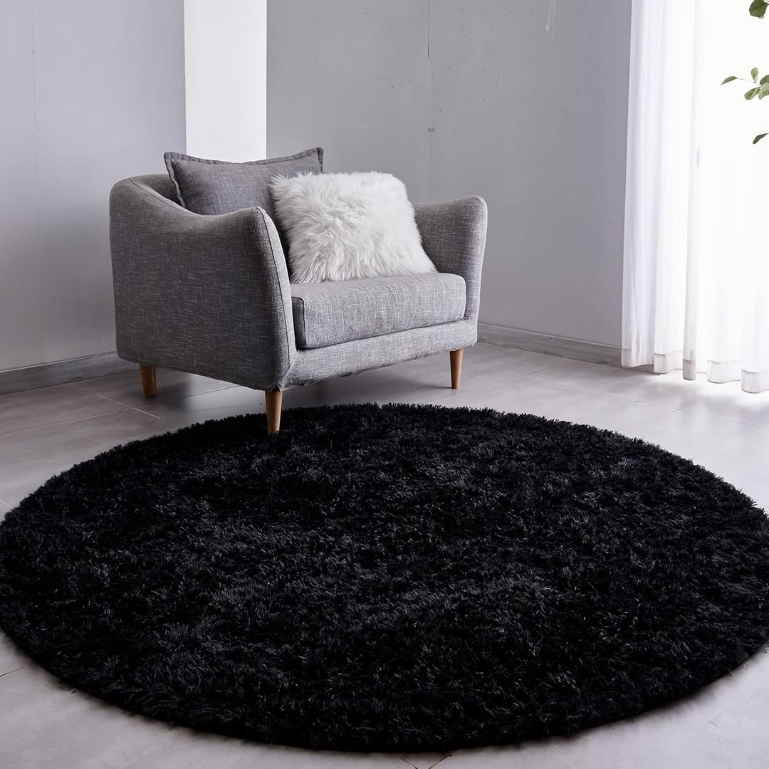 FJZFING Black Round Rug Ultra-Soft Plush Modern 6x6 Circle Area Rug for Kid's Bedroom, Fluffy Shag Circular Rug for Nursery Room, Non-Slip Home Decor Cute Black Carpet for Teen's Room