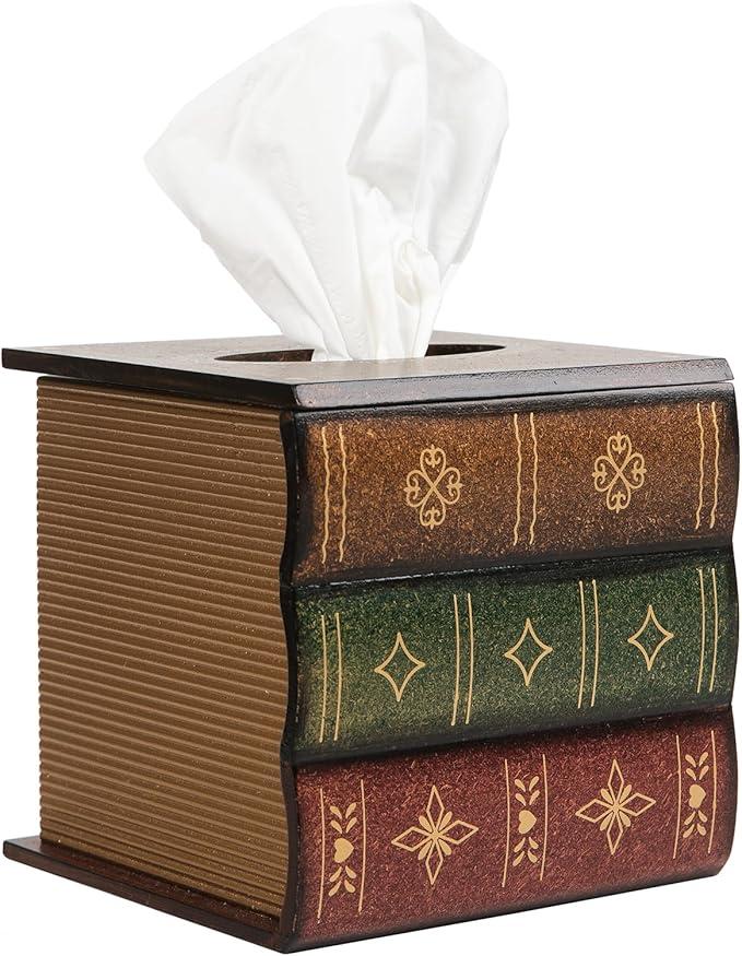 Crafted Classical Retro Wooden Antique Book Tissue Box Cover Square Tissue Holder Dispenser Paper Cover Case Napkin Holder Home Decor for Bathroom Living Room Office car Kitchen (Brown)