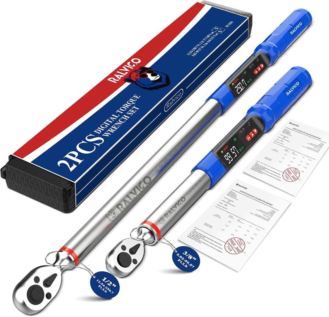 Digital Torque Wrench 3/8 & 1/2 Drive 5.02-99.57 Ft. Lb (6.8-135 N.m) / 12.54-250.7 Ft. Lb (17-340 N.m) 2% Accuracy Digital Torque Wrench Set with Buzzer and LED Flash for Bike, Moto, Car