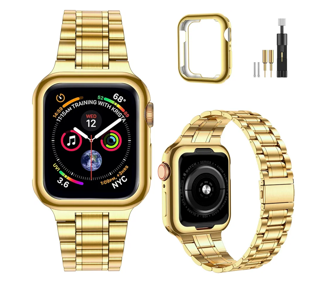 MioHHR Solid Stainless Steel Band Compatible with Apple Watch 41mm, Metal Strap with Soft TPU Case for iWatch Series 9 8 7 Women and Men, Gold