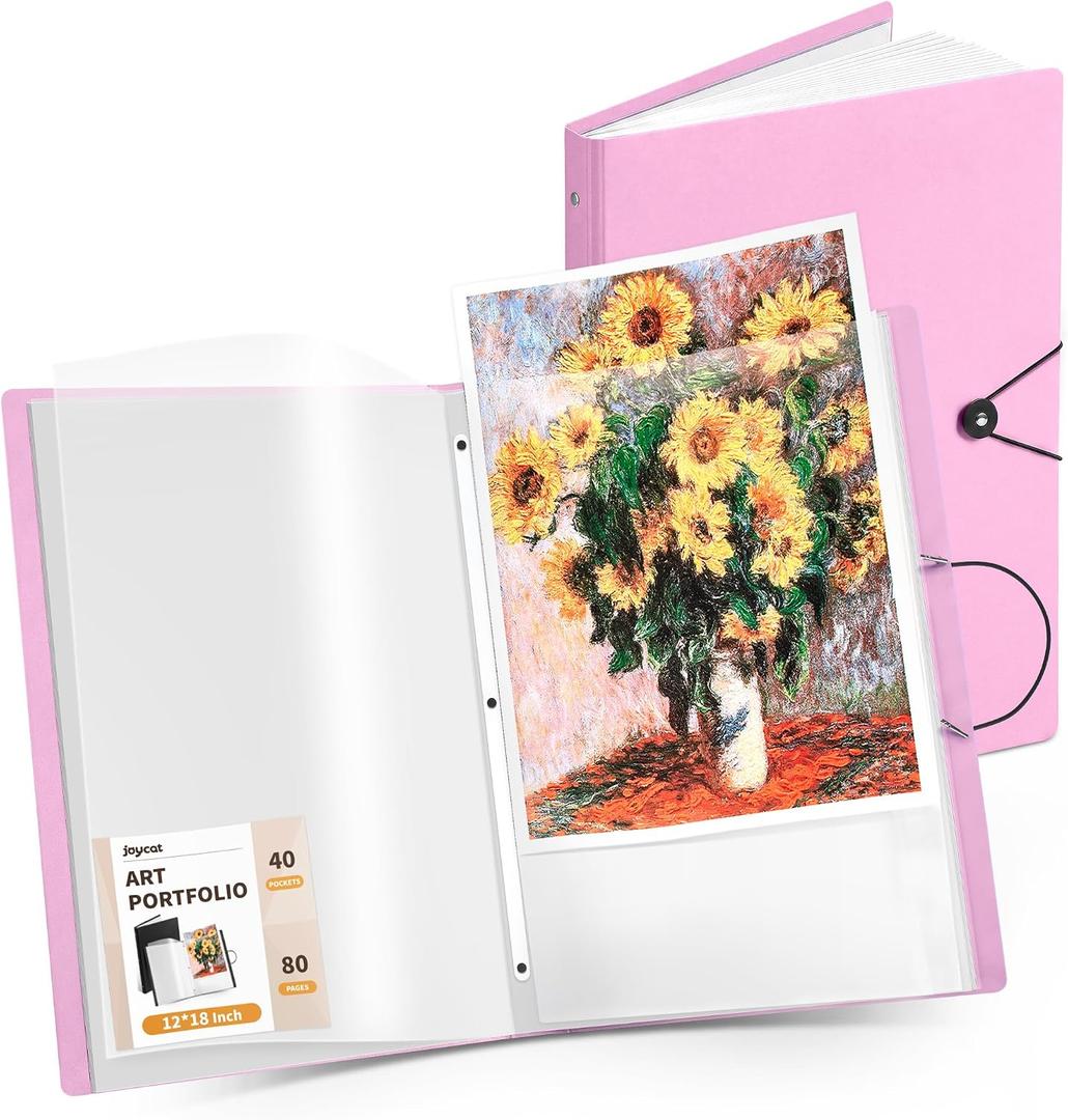 JoyCat 12 x 18 Art Portfolio Binder, 40 Pockets Display 80 Pages, Pink