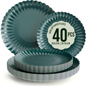 Trendables Scalloped Paper Plates 8.5 Inch & 10.5 Inch 40 Pcs Dinner Plate Set Fancy Disposable Plates for Party for 20 Guests 20 X 8 & 20 X 10 Large & Small Paper Plate Set for Parties Black Aqua