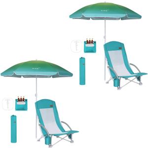 Nice C Beach Chair, Sand Chair, Lake Chairs for Adults with Umbrella and Cooler, Low Beach Chairs High Back, Cup Holder & Carry Bag & Heavy Duty Compact Outdoor, Camping (Set of 2 Blue)