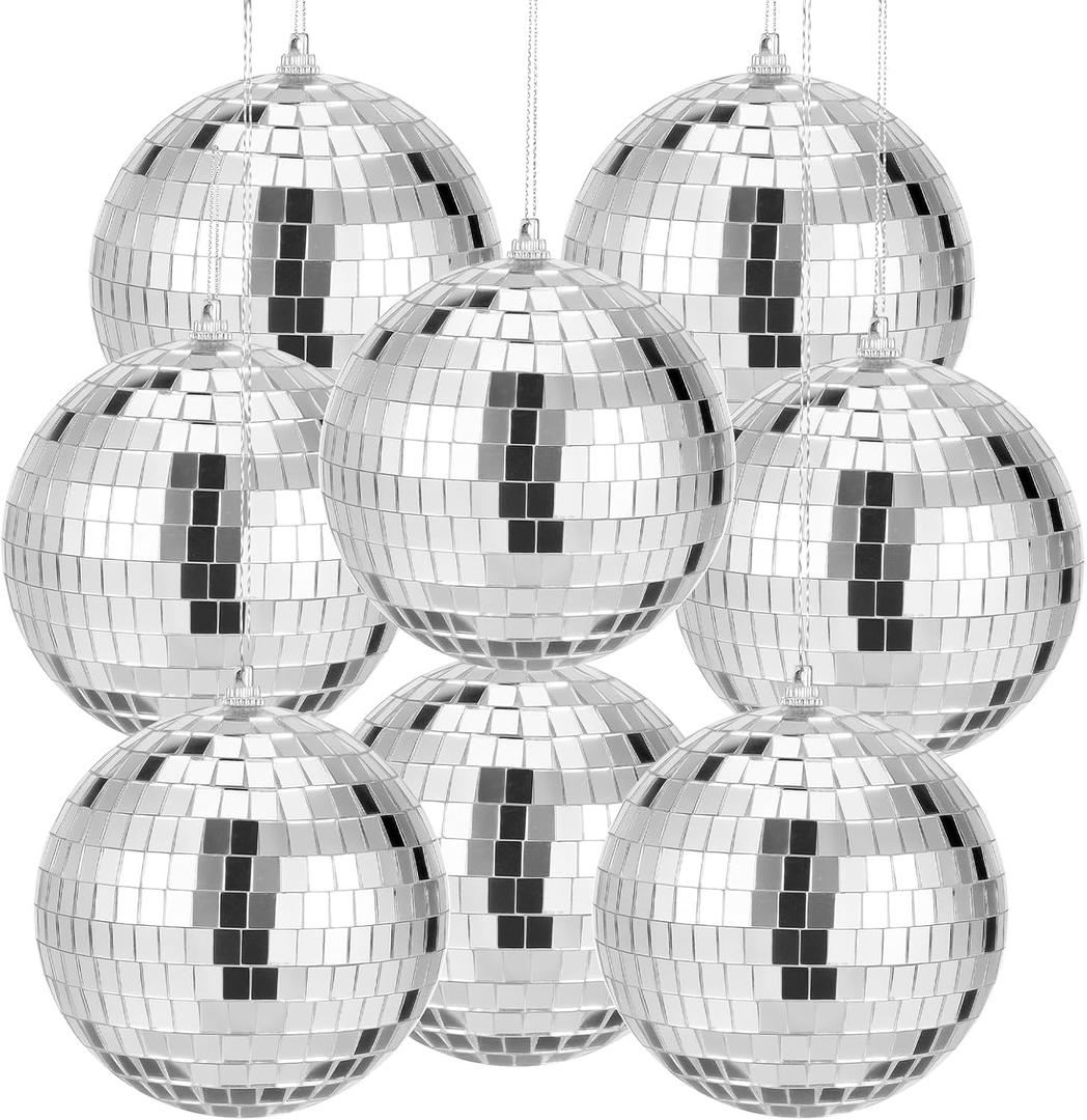 SHENLIU 8 Pack Mirror Disco Ball, 4 Inch Small Mirror Ball Ornaments Silver Hanging Disco Balls with Attached String for Reflect Light, Party Favor, Home Bands Decorations, Stage Props, Christmas