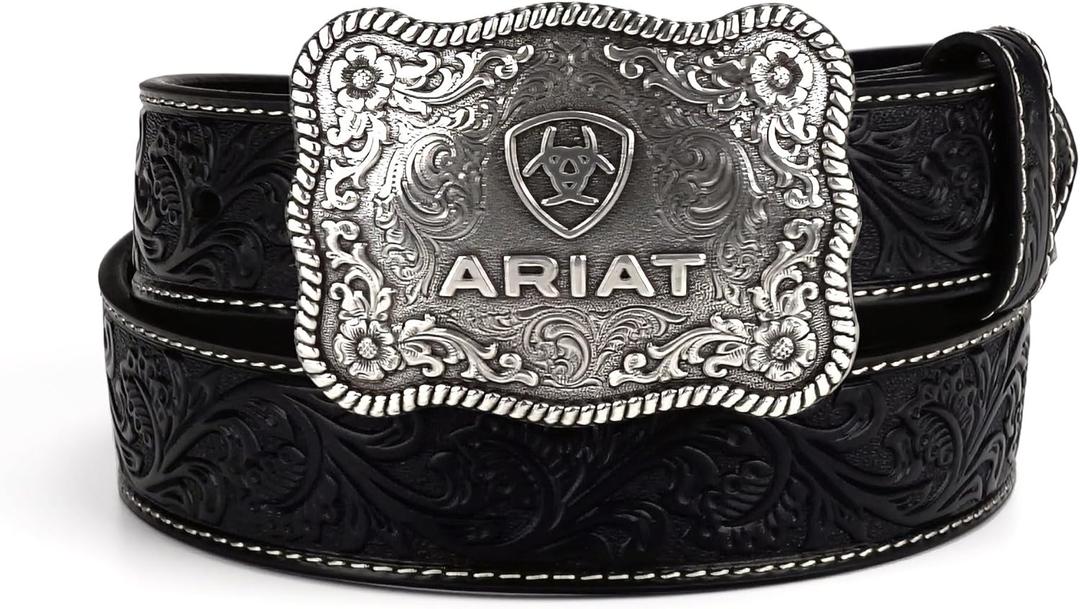 ARIAT Men's Floral Embossed Leather Belt with Antiqued Silver Buckle (Black)