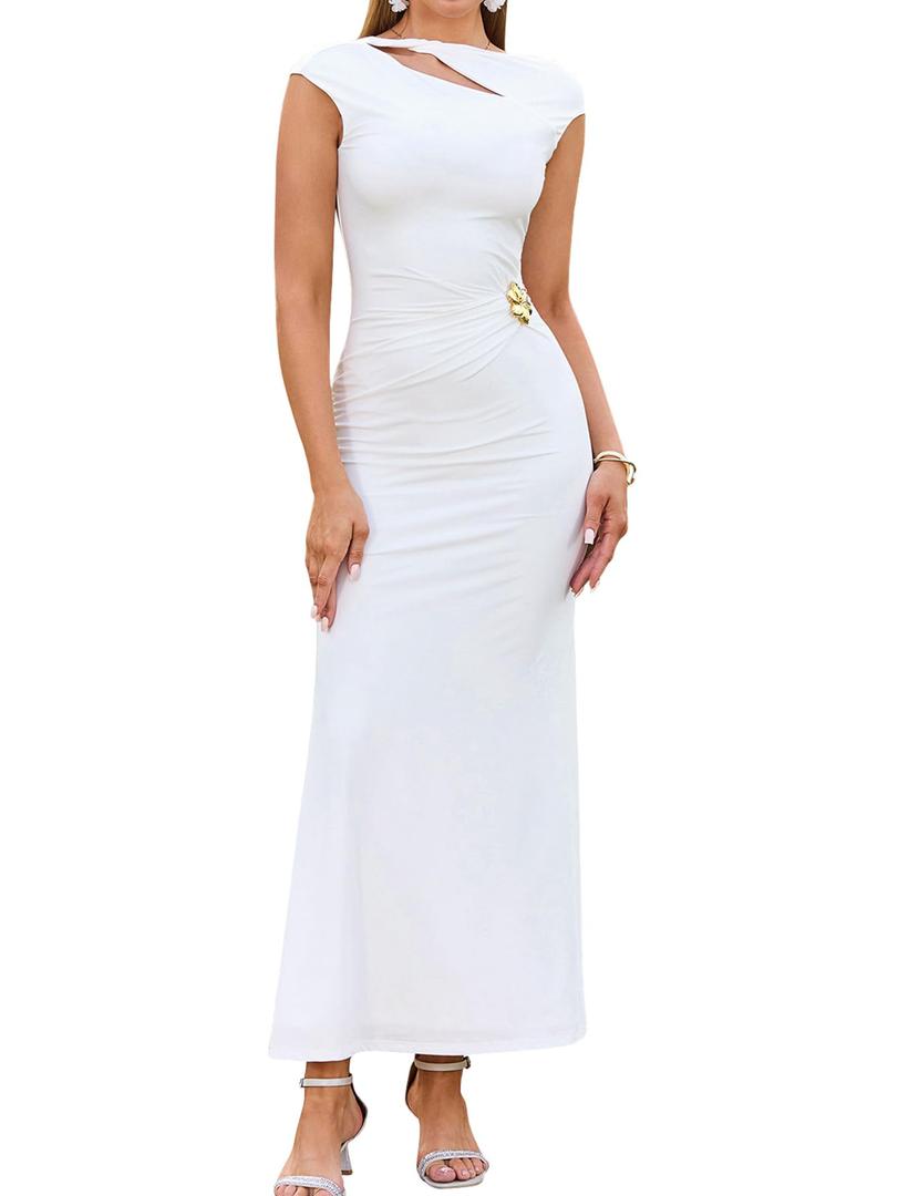 KUTUMAI Women Ruched Bodycon Maxi Dress Elegant Cutout Cap Sleeve Long Formal Cocktail Party Wedding Guest Dresses White M (White, M)
