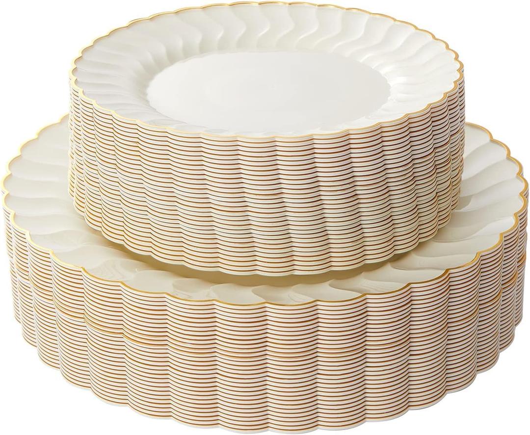 Lullaby 96PCS Ivory Scalloped Plastic Plates with Gold Rim, Disposable Elegant Plates Include 48pcs Dinner Plate 10.25", 48pcs Dessert Plate 7.5", Perfect for Daily Use, Wedding and Party