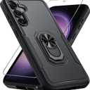 Compatible with Samsung Galaxy S24/S25 Case with Screen Protector Tempered Glass, Heavy Duty Shockproof Full Body Phone Cover Built in Metal Ring Holder Kickstand,2025 Black Matte