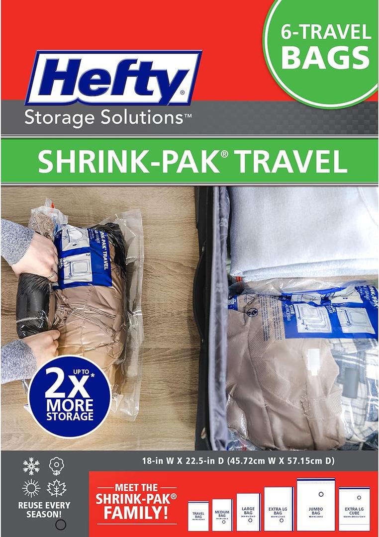 Hefty Shrink-Pak Large Travel Bags - Airtight Storage Bags for Maximum Space Saving, Travel Essentials, Ideal for Packing, Durable, Reliable Compression with Sealed Protection