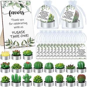 MTLEE 20 Sets Succulent Candles Baby Shower Favors for Guests Include 20 Plant Tealight Candles 20 Thank You Tags 20 Organza Bags Wooden Standing Sign for Gender Reveal Gifts(Greenery)