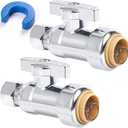 1/2" PTC x 3/8" OD Compression Straight Stop Valve, Toilet Water Shut Off for PEX, Copper, CPVC Pipe, Push to Connect Brass Plumbing Fitting with Quarter-Turn & Disconnect Clip, 2 Pack