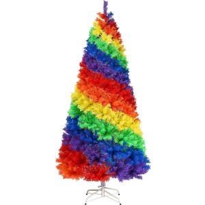 DORTALA Rainbow Christmas Tree 7FT, Full Fir Hinged Xmas Tree with 1213 Branch Tips, Metal Stand, Pride Christmas Tree for Indoor Outdoor Holiday Seasonal Decoration