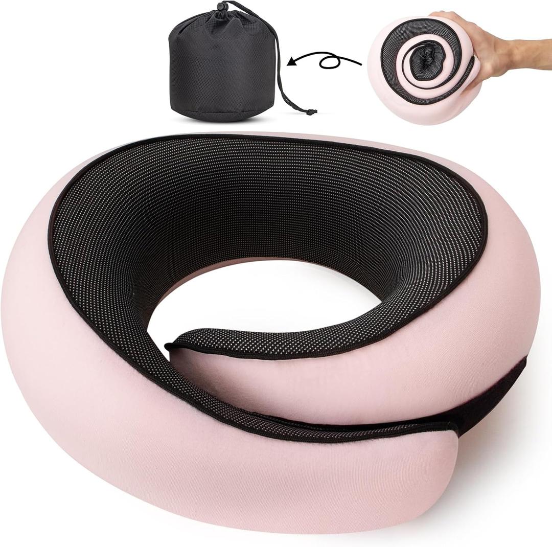 NOCRLG Travel Pillow, Travel Neck Pillow for Airplanes Car, 100% Pure Memory Foam Travel Pillow, Sleeping Essentials for Long Flight 360 Head Support Degree Comfort and Breathability (Pink)