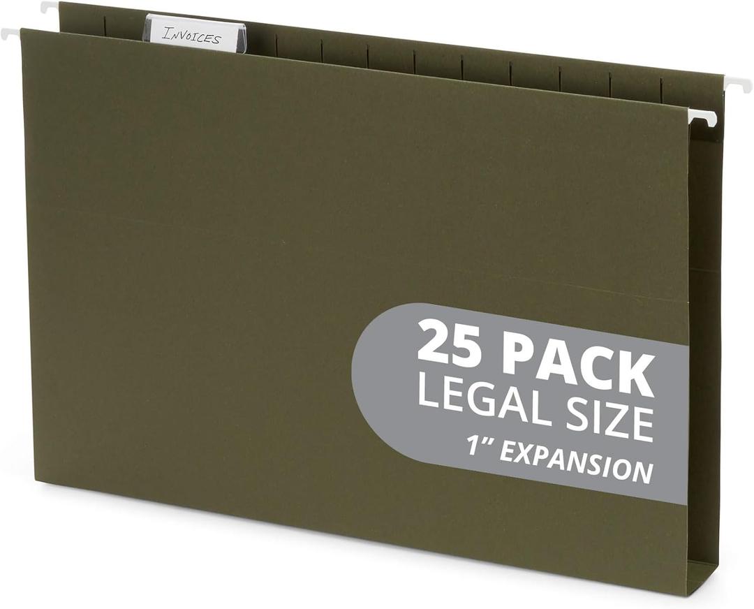 25 Blue Summit Supplies Legal Size Hanging File Folders - Expandable Hanging File Folders with 1" Expansion, Standard Green, Durable 12pt Paper, Includes 25 Plastic Tabs and Inserts