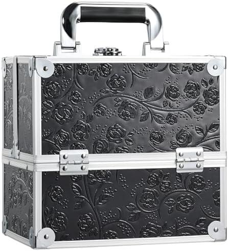 FRENESSA Makeup Train Case Cosmetic Box Portable Makeup Case Organizer 4 Trays Travel Case Storage with Dividers Lockable for Make up Artist Crafter Nail Kits Tools Black Floral