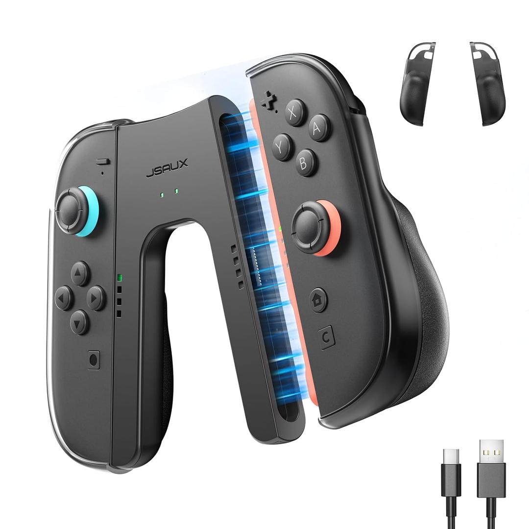 JSAUX Ergonomic Switch 2 Charging Grip for Switch 2, Magnetic Grip Controller Compatible with Switch 2 JoyPads, Play While Charging with LED Indicator& 1.5m/4.9ft Charger Cable-Black