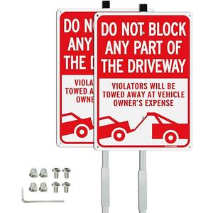 T&R Large Do Not Block Any Part Of The Driveway Sign with 36" Stake for Outside - 2 Pack - 14"x10" .040 Rust Free Heavy Aluminum, Reflective, 6 pre-drilled holes,Includes Matching Screws & Wrench, Easy to Mount