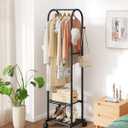Sakugi Heavy Duty Premium Clothes Rack with 2-Tier Mesh Shoe Shelves & 4 Hooks, Lockable Wheels, Space-Saving, Multi-Functional for Bedroom, Entryway, Closet, Modern Design, 18.4" x 12.6" x 72", Black
