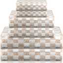 Kinlop 6 Pcs Checkered Bath Towels Set Lightweight Coral Washcloth Quick Dry Patterned Thin Coral Fleece Hand Towel for Bathroom Back to School Gym Spa Beach Accessory(Beige,Checkered)