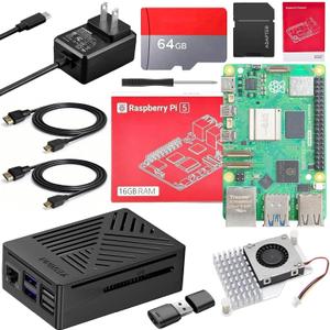 Raspberry Pi 5 16GB Starter Kit with Raspberry Pi 5 Board(16GB RAM),64GB Card Readers Kit,GaN 27W 5.1V 5A Power Supply,ABS Protective case,Active Cooler,4K Micro HD Out Cable,Driver,Manual