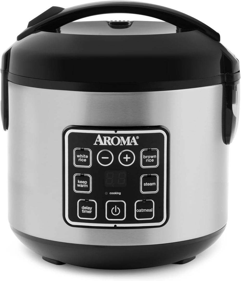 AROMA 8-Cup (Cooked) / 2 Qt. Digital Rice & Grain Multicooker, Durable Nonstick Inner Pot, Oatmeal, Steam, White & Brown Rice, Keep Warm
