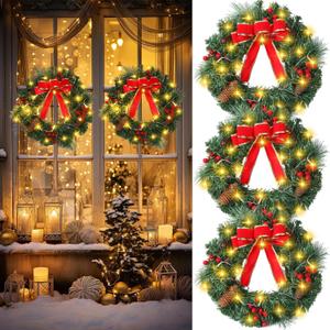 3 Pack 14 Inch Christmas Wreath Decorations with Lights Battery Operated 50 LED Artificial Christmas Wreath for Front Door with Red Bow Pine Cones Berry for Outdoor Indoor Window Wall Decor