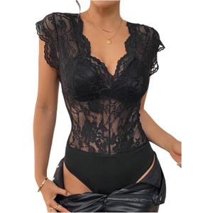 MakeMeChic Women's Lace Bodysuit Date Night Romper Deep V Neck Lace Tops Bodysuit (Medium)