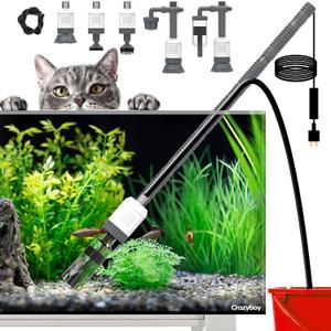 Aquarium Gravel Cleaner Fish Tank Vacuum - 6-in-1 Automatic Removable Vacuum Electric Tool , 30W Strong Suction Electric Cleaner with Adjustable Motor for Efficient Water Change & Cleaning.(Grey)