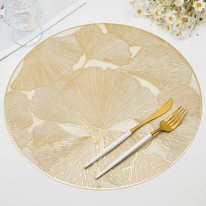 Gold Round Placemats Set of 6 Metallic Pressed Vinyl Place Mats for Dining Table Centerpiece Decor Ginkgo Leaf Table Mats Non Slip Heat Resistant 15 Inch