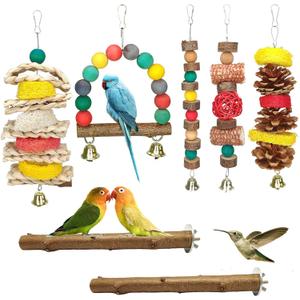JOREWOOD 7 Pcs Natural Wood Bird Toy & Perch for Parakeets, Cockatiel & Lovebird, Budgie Play Accessory for Small Parrots Indoor Cage (Colorful)