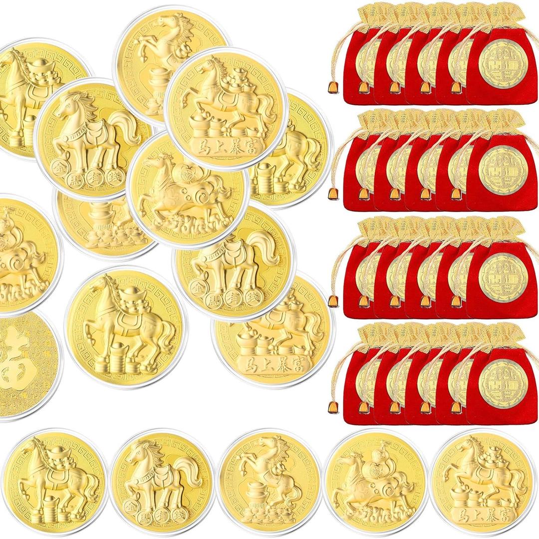 Kigeli 20 Pcs Chinese New Year Coins 2026 Lunar New Year of the Horse Commemorative Coins Zodiac with Red Drawstring Bags Gold Foil Decor Coin for Party Spring Festival Gifts, Lucky Feng Shui Supplies