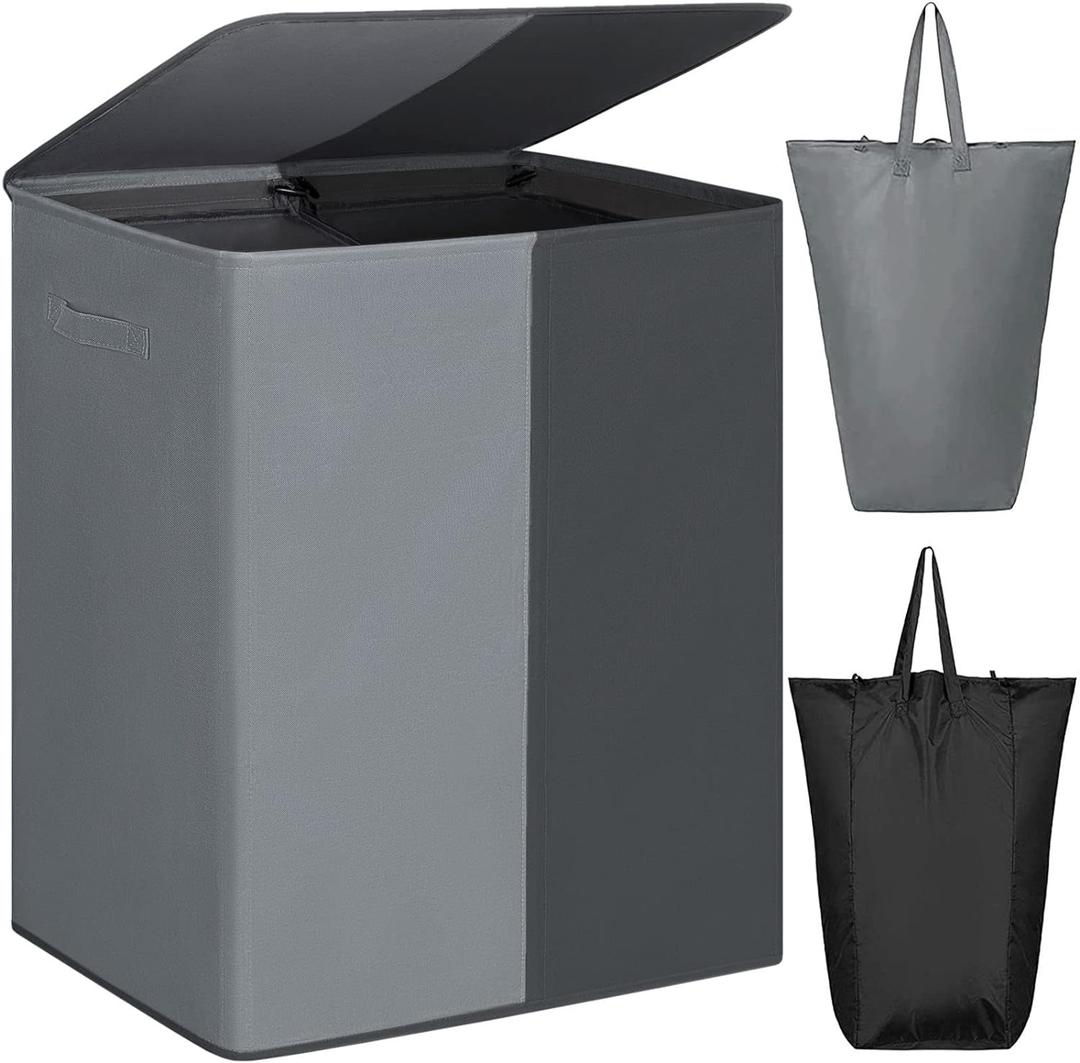 WOWLIVE Double Laundry Baseket with Lid and Removable Laundry Bags,154L Large Laundry Hamper 2 Section Collapsible Dirty Clothes Hamper for Laundry Room,College Dorm,Bathroom, Black and Grey