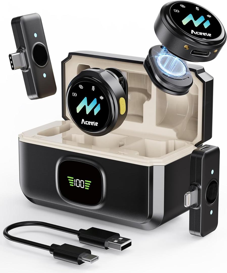 Wireless Lavalier Microphone for iPhone & Android Phones, Noise Reduction & Hi-Fi Audio & 24H Duration & 50M Range, Clips-on Magnetic Lapel Mic for Video Recording/Live Stream/Vlog/Podcast/Interview (Black)