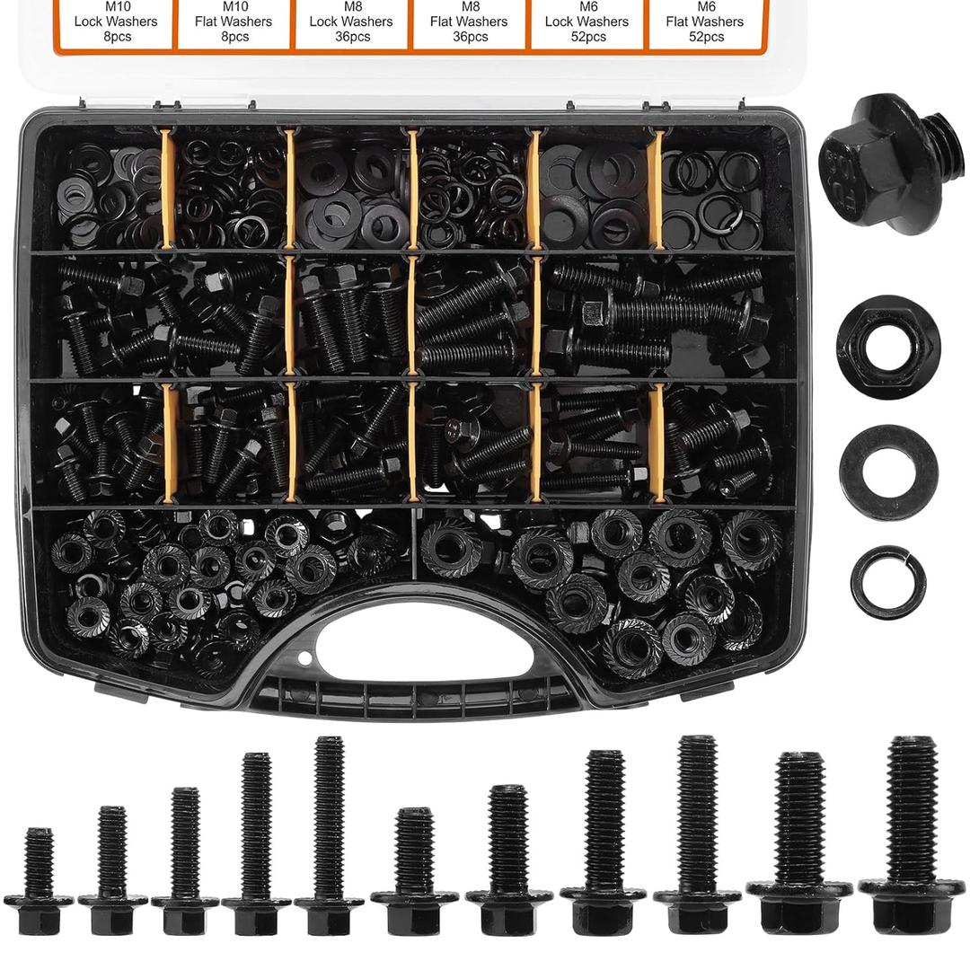Hapric 384 Pcs Metric Flange Bolt Assortment Kits, M6x1.0, M8x1.25, M10x1.5 Bolts(12mm to 30mm) Grade 10.9 Alloy Steel Metric Machine Screws Nuts and Bolts Kit