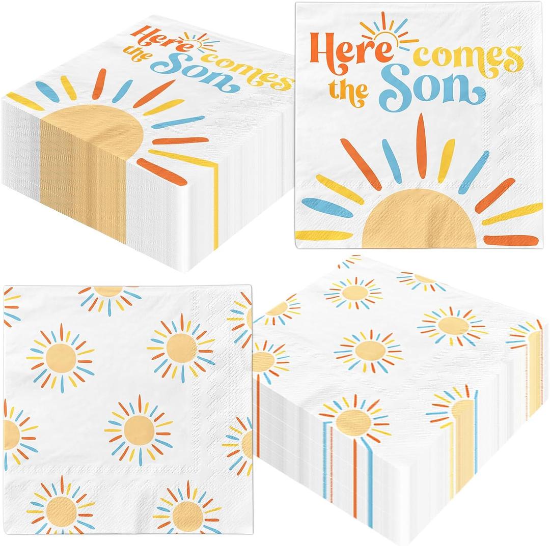 Here Comes The Son Baby Shower Decoration, 40pcs Disposable Retro Boho Sun Napkins Paper Little Ray Of Sunshine Baby Shower Napkins The Boho Sun Party Decorations for Boys Kids Birthday Supplies