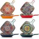 Ceramic Salad Square Plates With One Handle, 9.2in Boho Serving Plates Set Of 4 For Appetizer, Cereal, Oatmeal, Dessert, Pasta, Dishwasher And Microwave & Oven Safe, Present & Party, Colorful