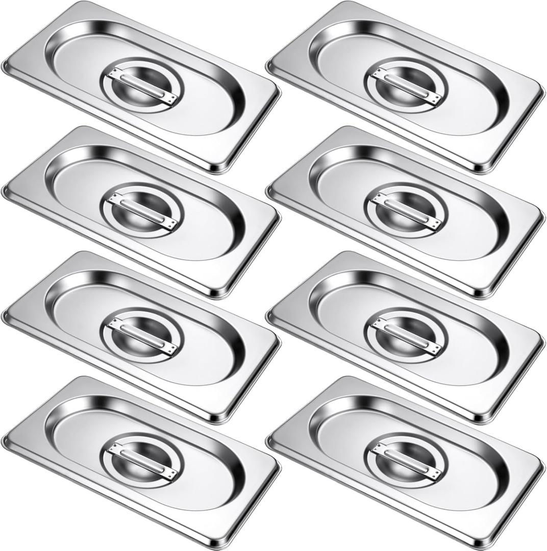 8 Pack Stainless Steel Hotel Pan Lids Metal Steam Prep Table Pan Covers with Handles Bulk for Commercial Restaurant Buffet Catering Roasting Food Trays(6.9 x 4.3 Inch, 1/9 Ninth Size)