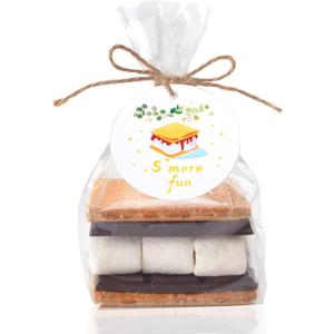 WANGDEFA 100 pcs S'more fun bags set bottom gusset bags clear cello cellophane with S'mores fun tags and twine for baked goods