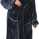 Robes for Women Plush Fleece Bath Robe Shawl Collar Long Robe Nightgown (Medium, Navy)