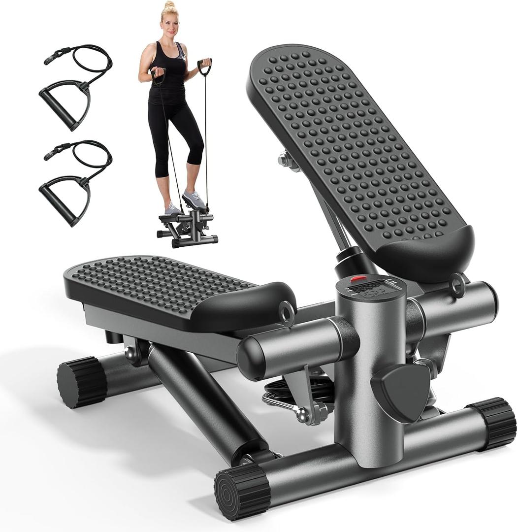 Mini Stepper with Resistance Bands, Stair Stepper for Exercise at Home, Compact Hydraulic Fitness Machine, Adjustable Step Height, Quiet Design, 300LBS Capacity, Calories, and Steps Tracking