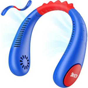 Kids Neck Fan, Portable Bladeless Neck Fan for Kids, 2600mAh Rechargeable Cooling Fan for 4-14Y Girls Boys, 4 Speeds & Lightweight Wearable Quiet Fan for Study/Camping/Travel (Blue & Red)