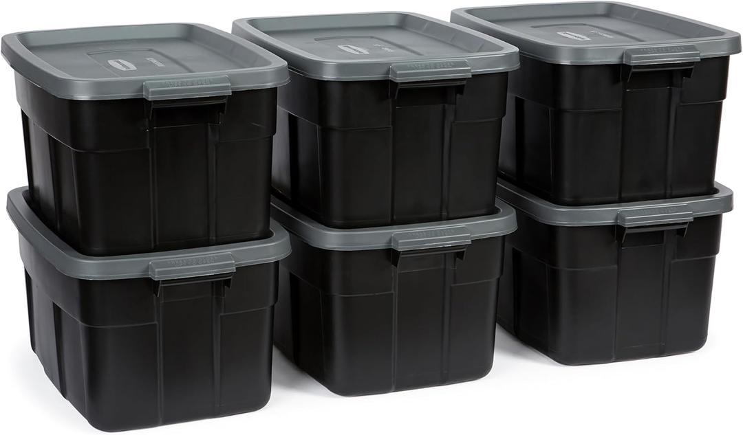 Rubbermaid Heavy Duty Black Storage Bins Plastic Totes with Lids for Storage, Stackable, Large Capacity, Durable, Multipurpose, 14 GAL, 6 Pack (14 GAL - 6 Pack Solid Black and Grey)