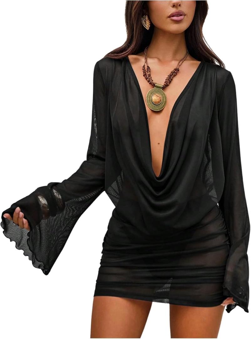 SOLY HUX Women's Summer Sheer Mesh Beach Mini Dress Draped Deep V Neck Bell Sleeve Swimsuit Cover Up Beachwear, S