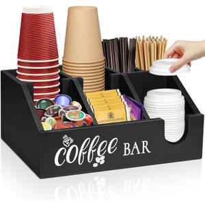 Rustic Coffee Bar Organizer - Wooden Coffee Pod Holder & Cup Storage Basket for Counter - K-Cup Sugar & Tea Condiment Organizer