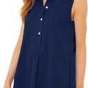 Women's Sleeveless Shirt Dress Summer Collared Button Down Ruffle Hem Tank Mini Dress (Medium, Navy)
