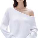 SUUKSESS Women Cashmere Blend Oversized Off Shoulder Pullover Sweaters Boat Neck Long Sleeve Knit Jumpers Tops (Medium, 002 White)