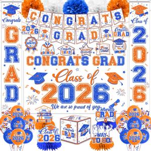 Orange Blue Graduation Decorations 2026 - Graduation Decorations Set with Congrats Grad Backdrop,Banner,Balloons,Porch Sign,Honeycomb Centerpieces for High School College Celebrations Supplies