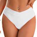Fanuerg Women's Bikini Bottom Cross V Cut Front Swimsuit Full Coverage Bathing Suit Bottoms (Large, White)